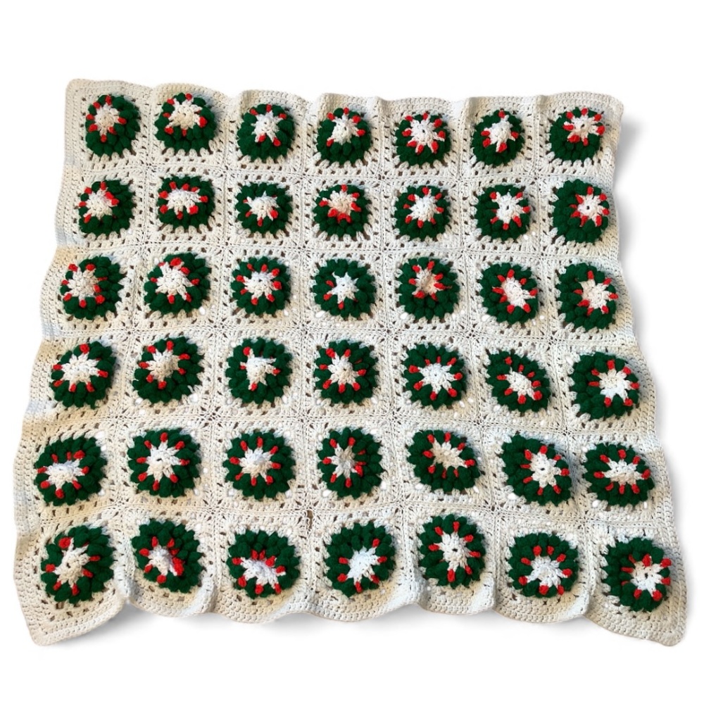 Vintage Granny Square Afghan Christmas Colors Cottagecore Holiday Shabby Chic